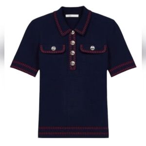 Maje Misla Knit Topstitched Top cotton Navy blue faux pockets short sleeves S